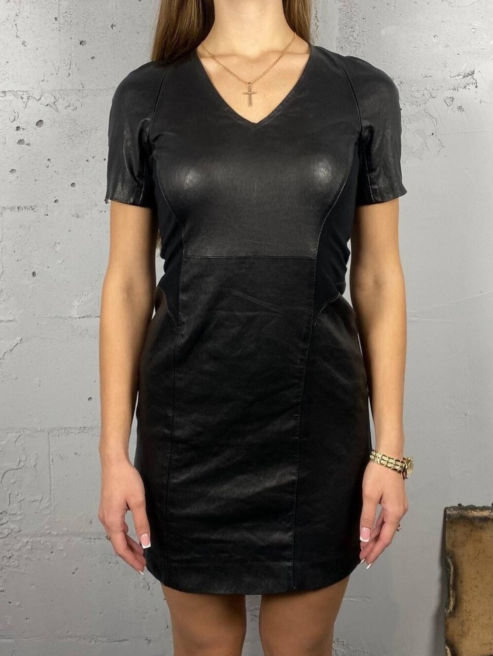 Theory Black Lamb leather V-Neck Avant-garde Stretch Quiet Luxury Mini Dress